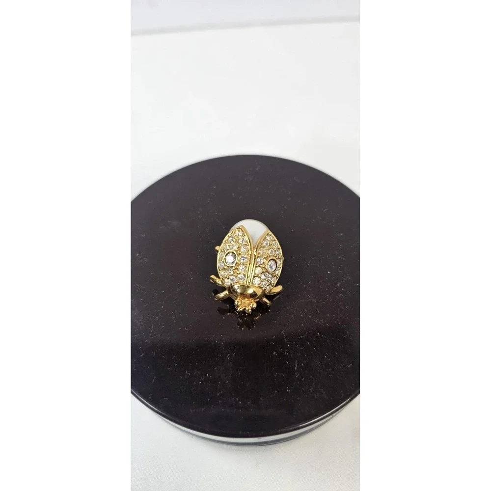 Napier Brooch Pin Ladybug Insect‎ Clear Glass Rhinestones Faux Pearl Body Mini